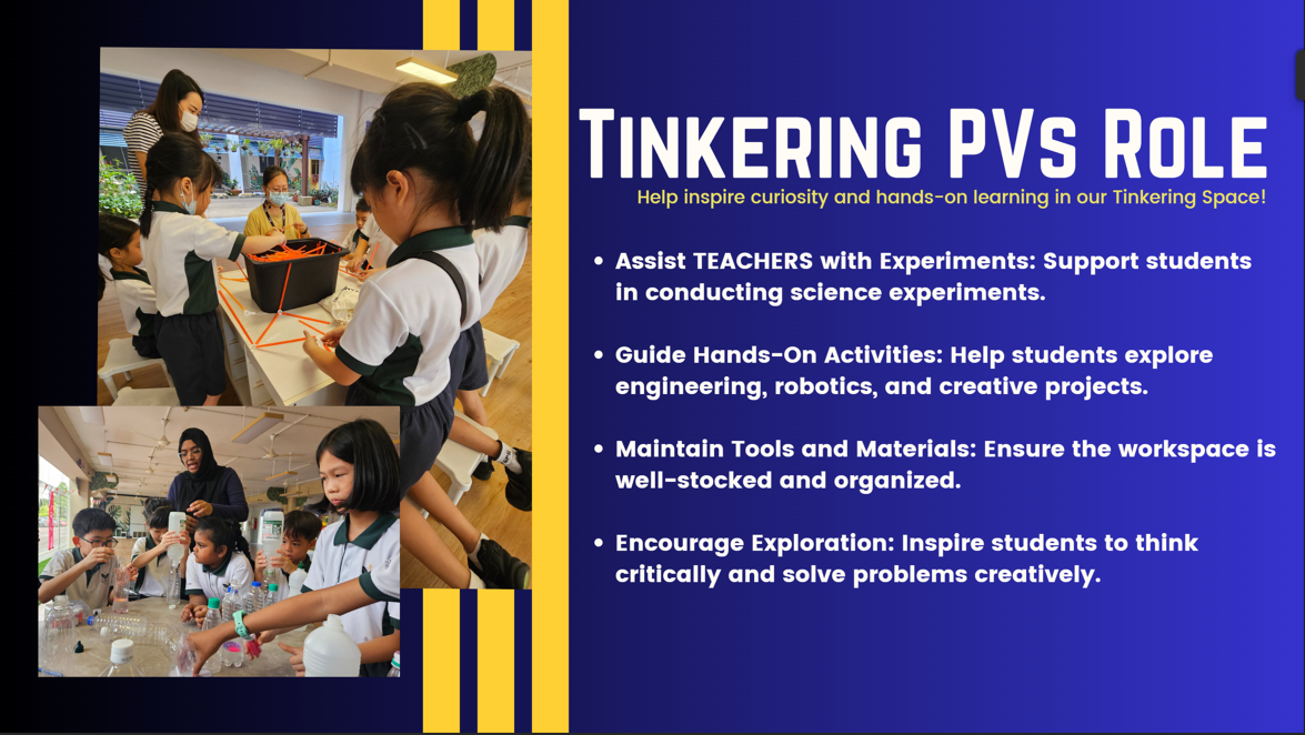 Image that lists the responsibilities of the Parent Volunteer at the Tinkering Space.